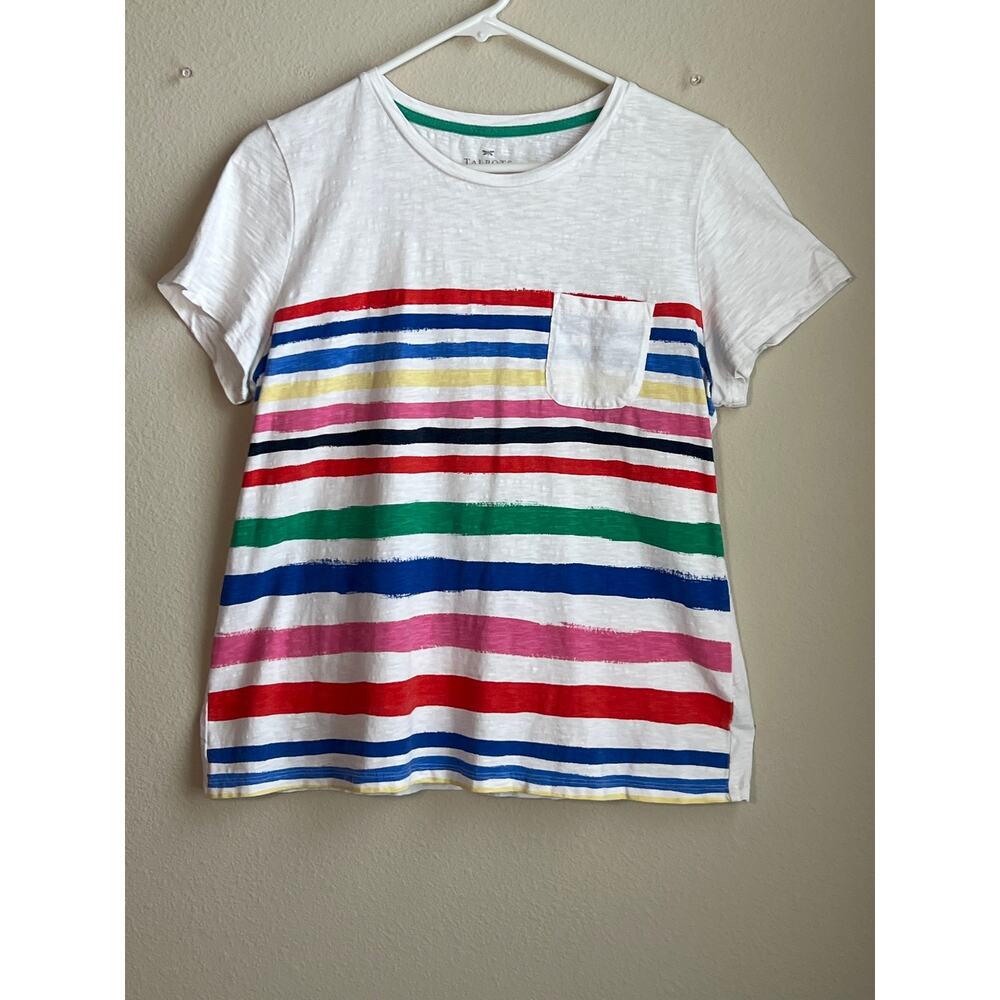 Talbots Women's Rainbow Stripe Short Sleeve Pocket Tee - White - SZ Large Petite